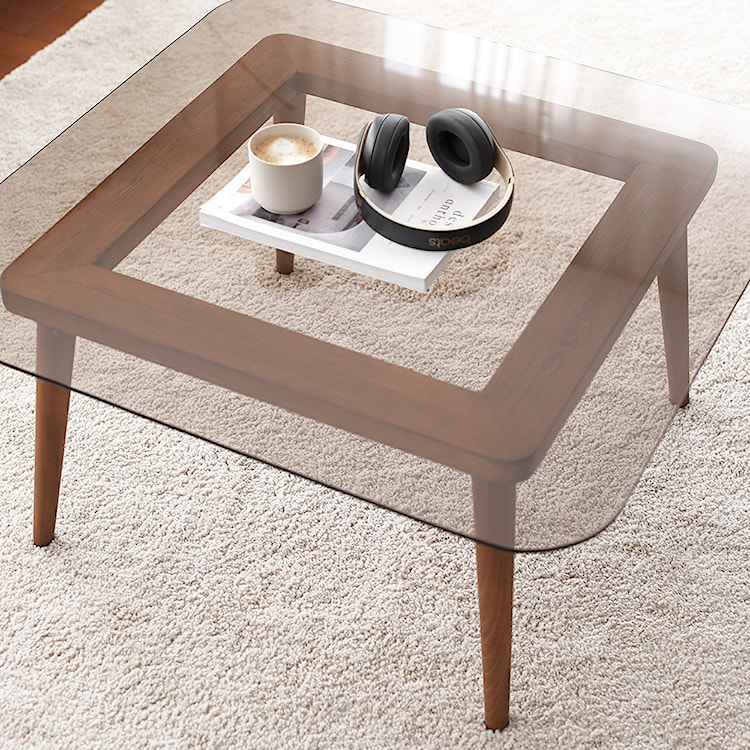 Stolik kawowy Smirra szklany na drewnianej podstawie 80x80 cm  - zdjęcie 5