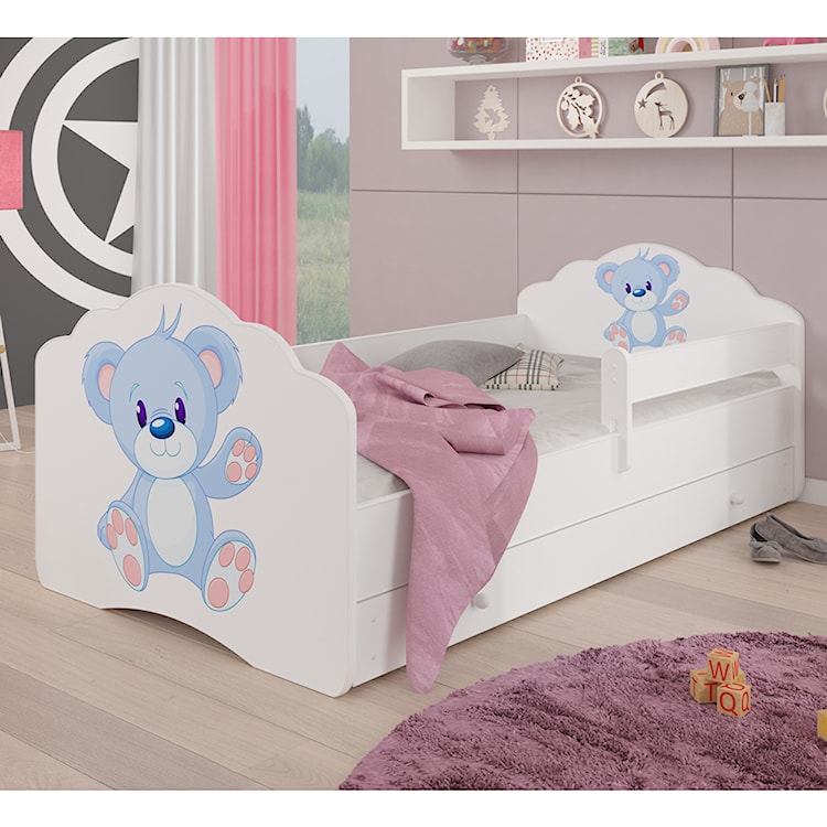 Łóżko dziecięce Sissa 140x70 cm Niebieski Miś z barierką i szufladą  - zdjęcie 2