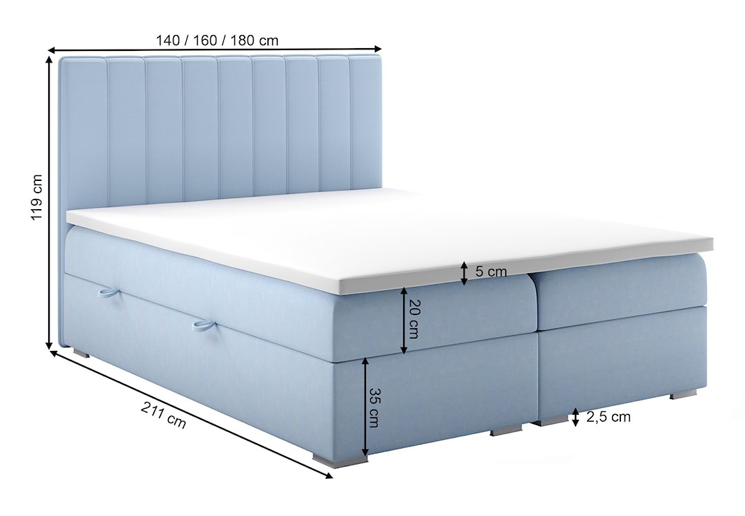 Łóżko kontynentalne 160x200 cm Hunbert z pojemnikami i topperem błękitne welur hydrofobowy  - zdjęcie 9