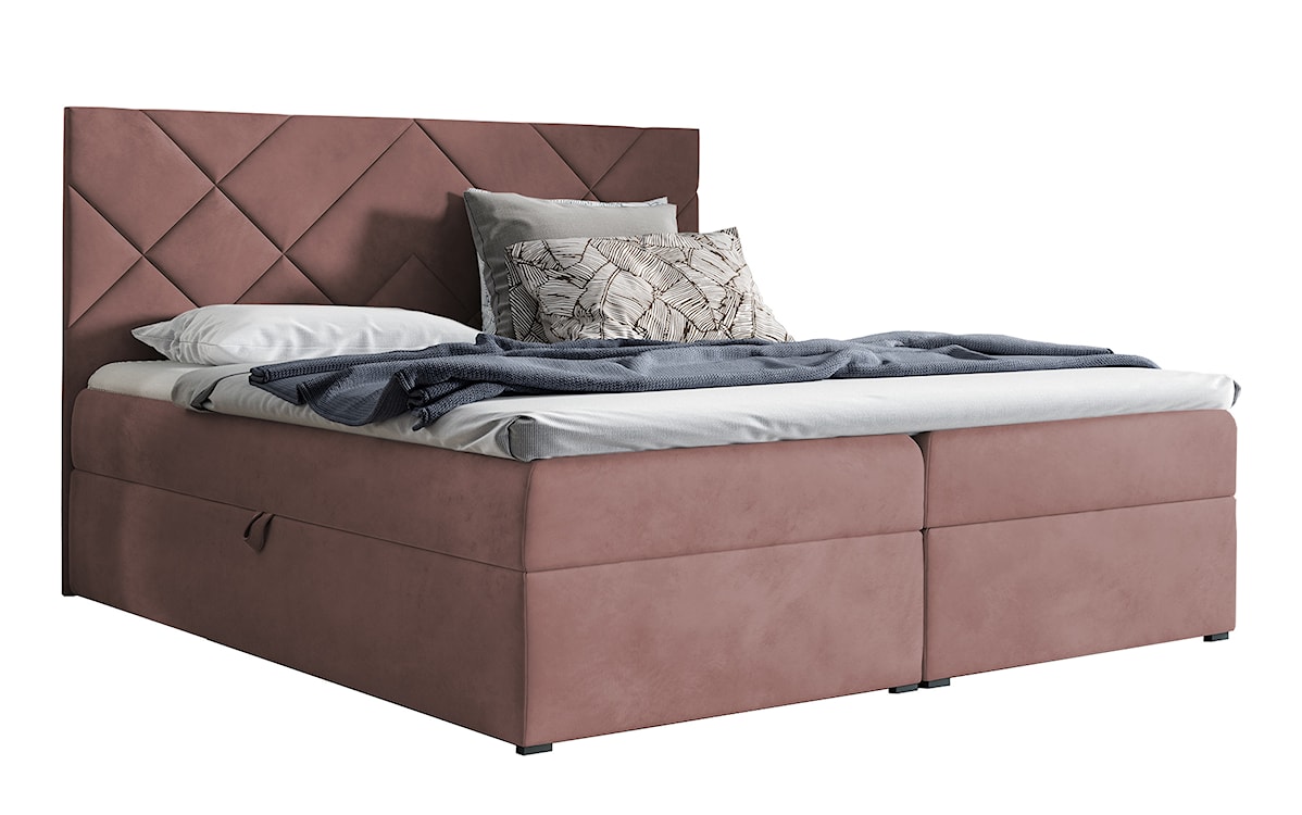 Łóżko kontynentalne Mubappa 180x200 z dwoma pojemnikami, materacem i topperem różowe hydrofobowe 