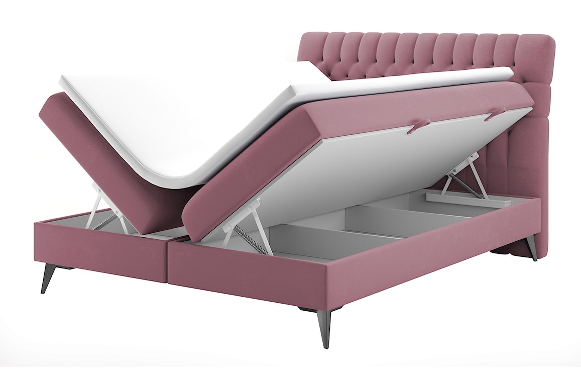 Łóżko kontynentalne 140x200 cm Rubeuz z pojemnikami i topperem różowe welur hydrofobowy
