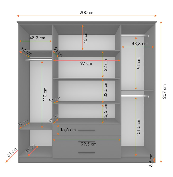 Szafa czterodrzwiowa Gracies 200 cm z lustrami i szufladami szara  - zdjęcie 7