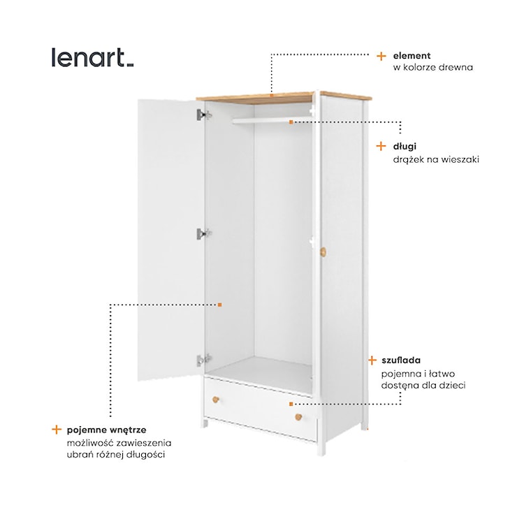 Szafa dwudrzwiowa do pokoju dziecięcego Story z szufladą i drążkiem biała - dąb nash  - zdjęcie 6