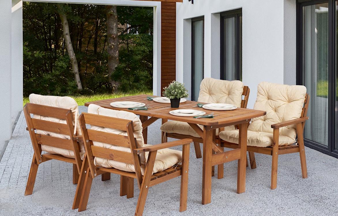 Zestaw mebli ogrodowych Avoints drewno sosnowe stół z 4 krzesłami miodowy z beżowymi poduszkami  - zdjęcie 2
