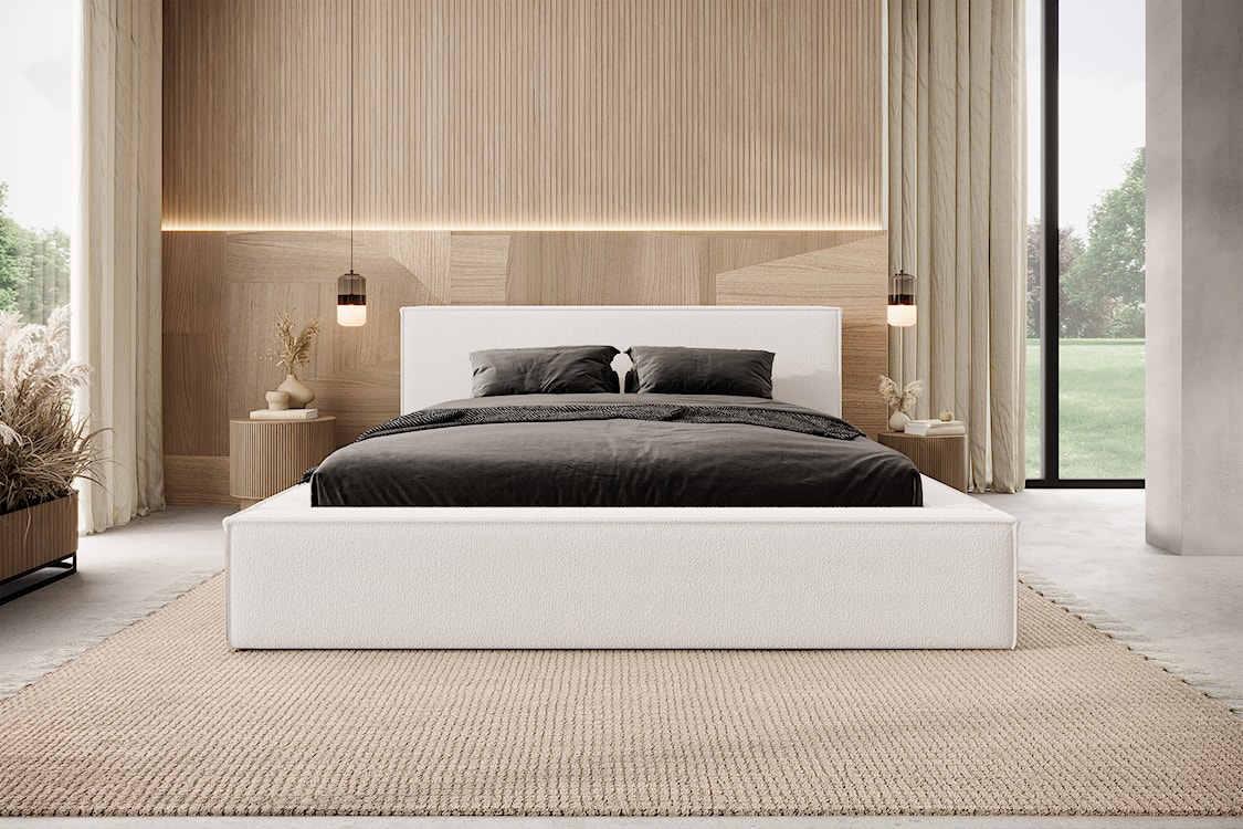 Łóżko tapicerowane 140x200 cm Bocalio z pojemnikiem stelaż metalowy kremowe boucle  - zdjęcie 3
