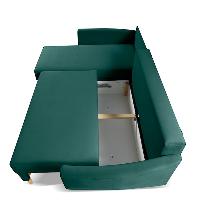 Narożnik z funkcją spania Paradela L-kształtny z pojemnikiem uniwersalny na nóżkach bukowych zielony welur hydrofobowy  - zdjęcie 6