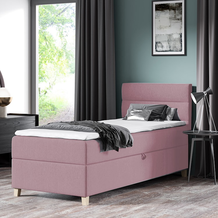 Łóżko kontynentalne 80x200 cm Charolle z pojemnikiem i topperem jednoosobowe różowe welur prawostronne  - zdjęcie 2