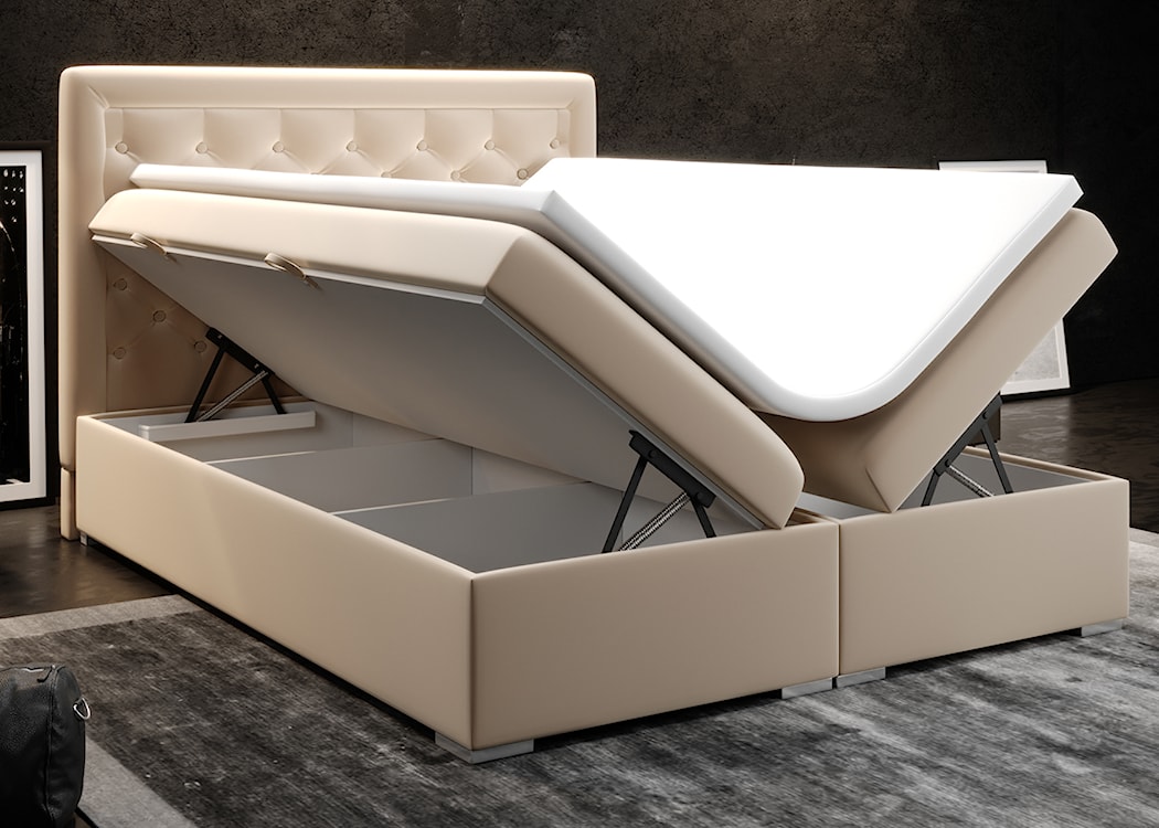 Łóżko kontynentalne 180x200 cm Glorn z pojemnikami i topperem beżowe welur hydrofobowy  - zdjęcie 6