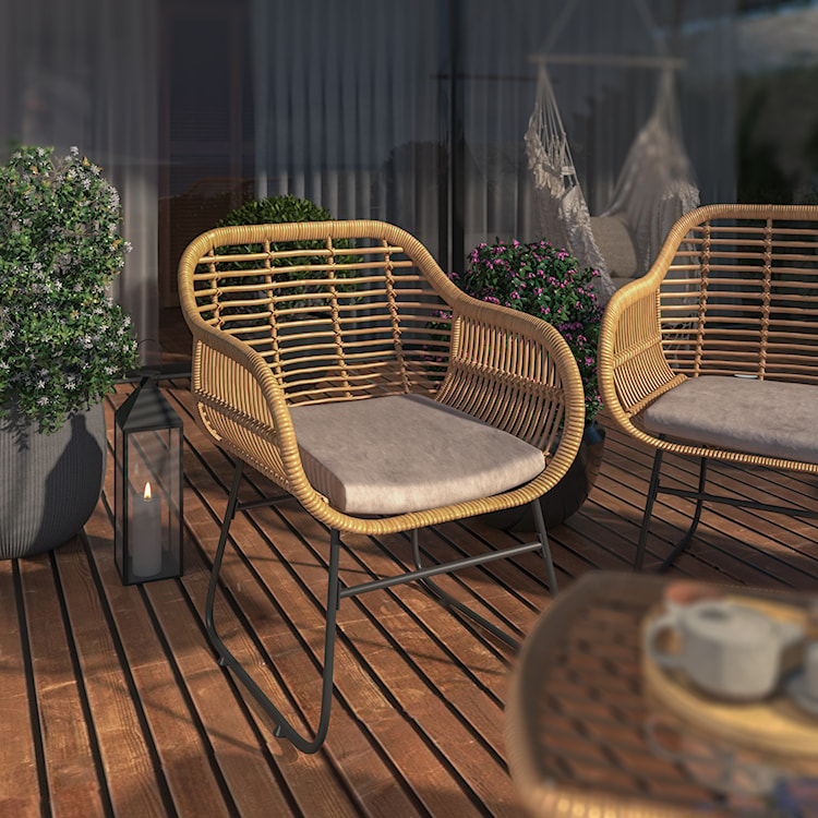 Zestaw mebli ogrodowych Sytly sofa z dwoma fotelami i stolikiem pleciony ze szklanym blatem naturalny/czarny  - zdjęcie 6