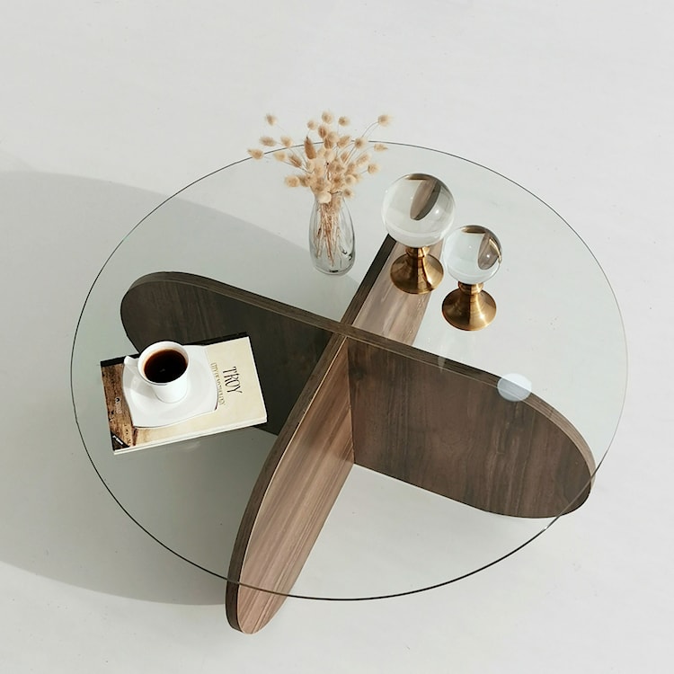 Stolik kawowy okrągły Klissay 75x75 cm szklany blat/ orzech  - zdjęcie 2