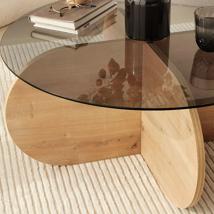 Stolik kawowy okrągły Klissay 75x75 cm szklany dymiony blat/ dąb  - zdjęcie 7