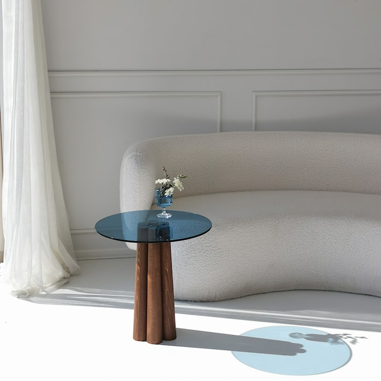 Stolik kawowy Nogrilles średnica 50 cm niebieskie szkło/ orzech włoski  - zdjęcie 2