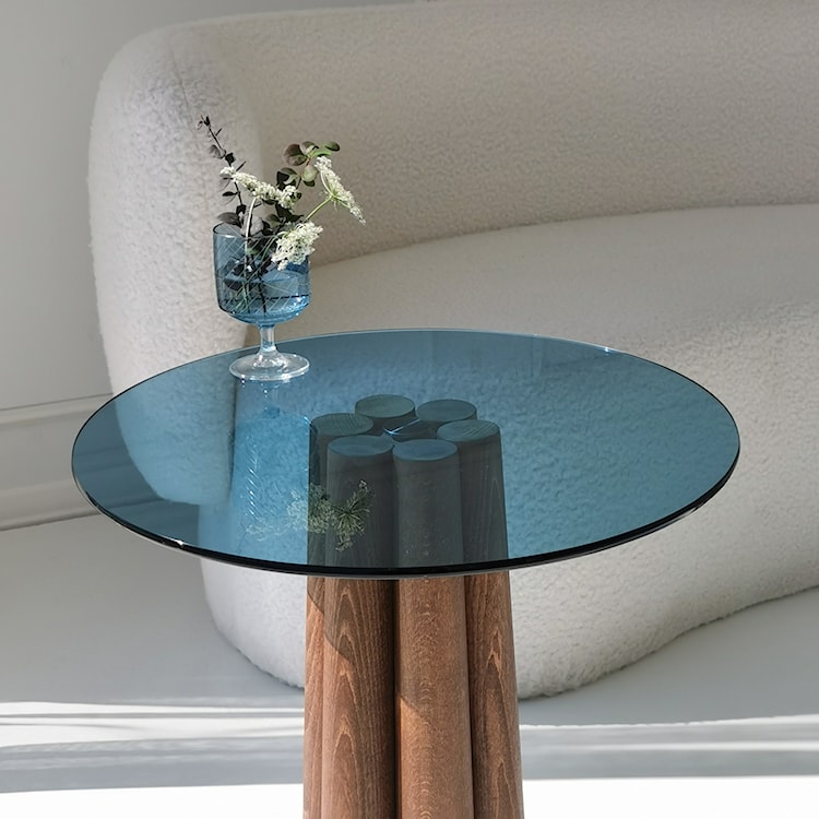 Stolik kawowy Nogrilles średnica 50 cm niebieskie szkło/ orzech włoski  - zdjęcie 4