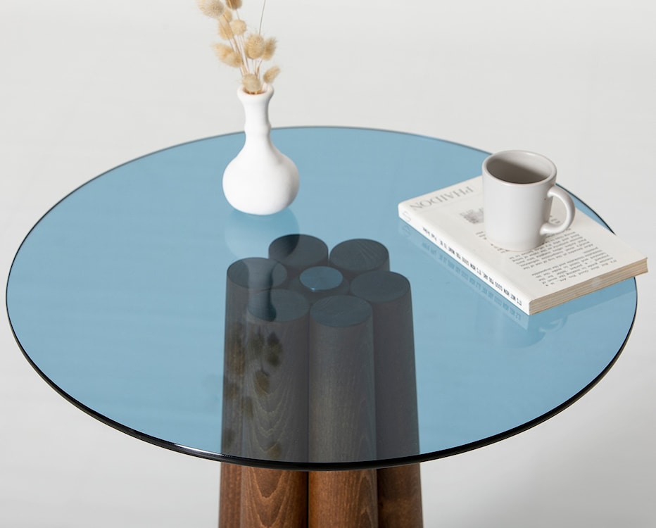 Stolik kawowy Nogrilles średnica 50 cm niebieskie szkło/ orzech włoski  - zdjęcie 6