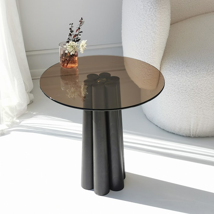 Stolik kawowy Nogrilles o średnicy 50 cm brązowe szkło/ drewno bukowe  - zdjęcie 4