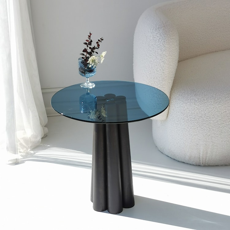Stolik kawowy Nogrilles średnica 50 cm niebieskie szkło/ drewno bukowe  - zdjęcie 3