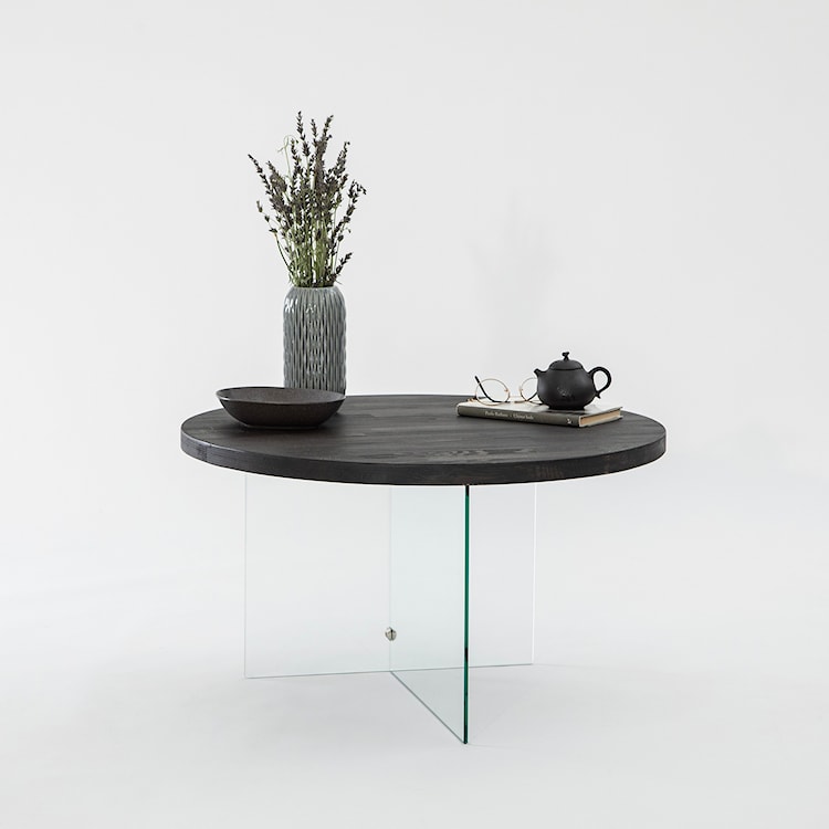 Stolik kawowy Divents z okrągłym blatem 70 cm transparentne szkło/ antracytowe drewno  - zdjęcie 2