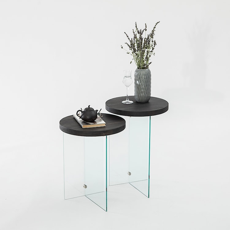 Zestaw dwóch stolików kawowych Divents z okrągłymi blatami 35 cm transparentne szkło/ antracytowe drewno  - zdjęcie 3
