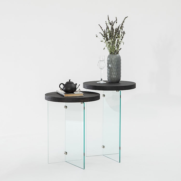 Zestaw dwóch stolików kawowych Divents z okrągłymi blatami 35 cm transparentne szkło/ antracytowe drewno  - zdjęcie 4