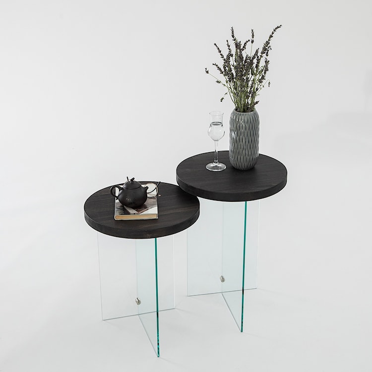 Zestaw dwóch stolików kawowych Divents z okrągłymi blatami 35 cm transparentne szkło/ antracytowe drewno  - zdjęcie 5