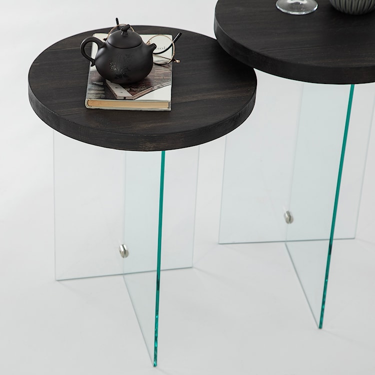 Zestaw dwóch stolików kawowych Divents z okrągłymi blatami 35 cm transparentne szkło/ antracytowe drewno  - zdjęcie 6