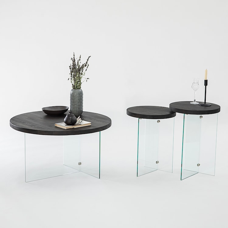 Zestaw dwóch stolików kawowych Divents z okrągłymi blatami 35 cm transparentne szkło/ antracytowe drewno  - zdjęcie 8