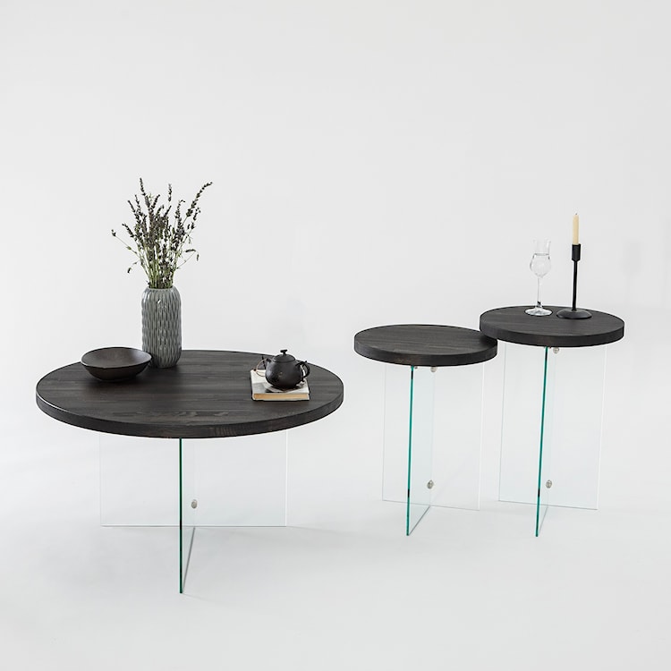 Zestaw dwóch stolików kawowych Divents z okrągłymi blatami 35 cm transparentne szkło/ antracytowe drewno  - zdjęcie 2