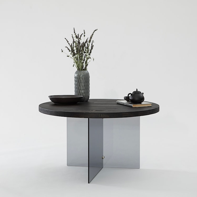 Stolik kawowy Divents z okrągłym blatem 70 cm ciemnoszare szkło/ antracytowe drewno  - zdjęcie 2