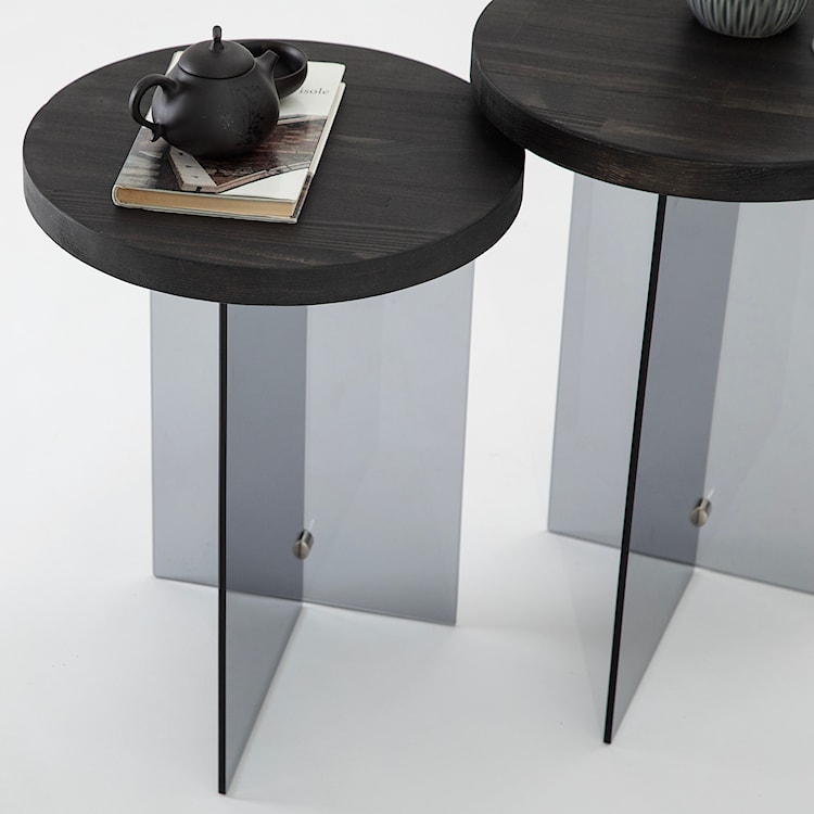 Zestaw dwóch stolików kawowych Divents z okrągłymi blatami 35 cm ciemnoszare szkło/ antracytowe drewno  - zdjęcie 4