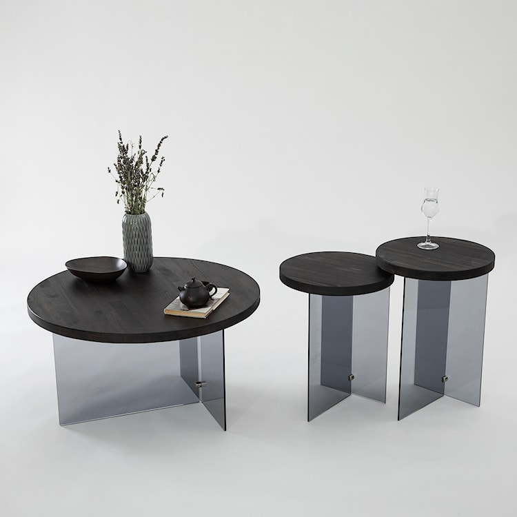 Zestaw dwóch stolików kawowych Divents z okrągłymi blatami 35 cm ciemnoszare szkło/ antracytowe drewno  - zdjęcie 6