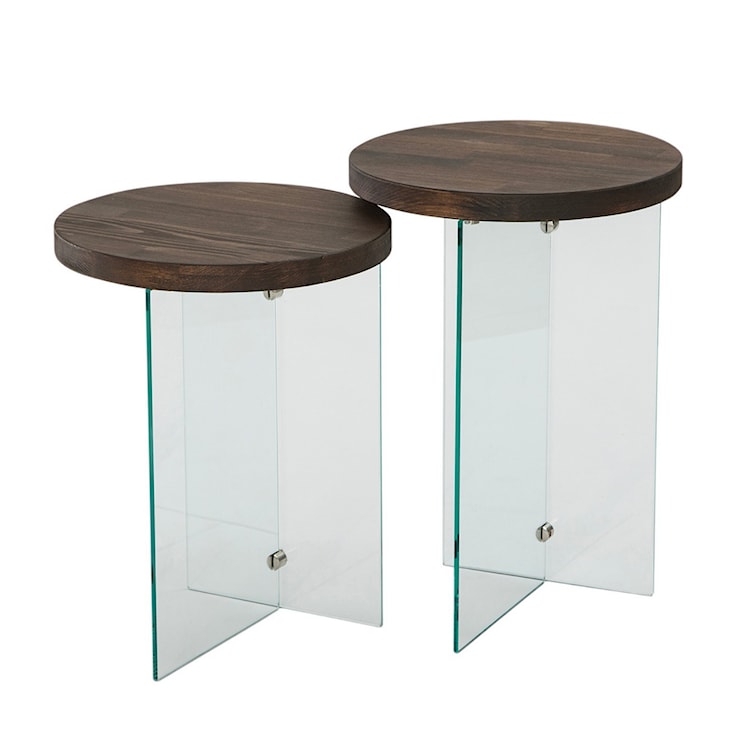 Zestaw dwóch stolików kawowych Divents z okrągłymi blatami 35 cm transparentne szkło/ orzech włoski