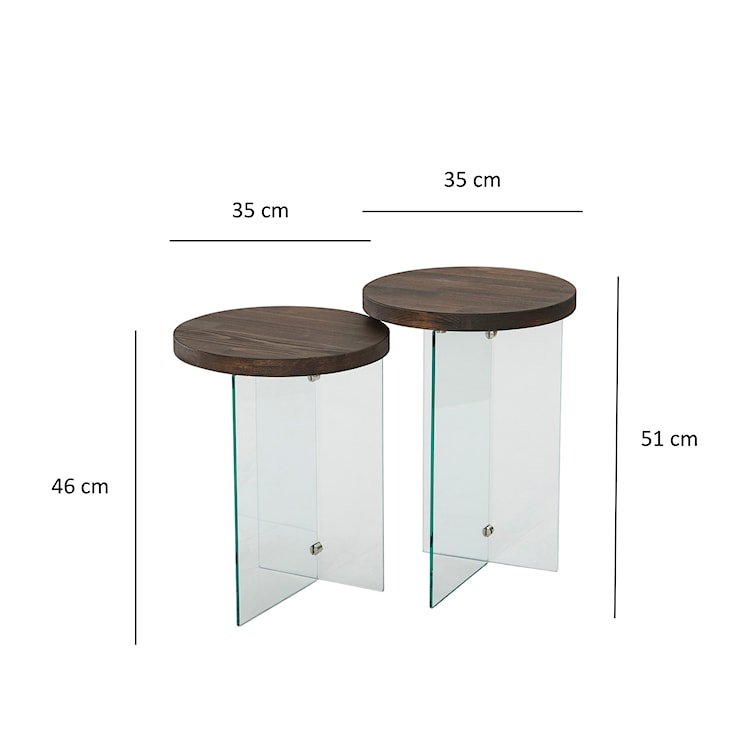 Zestaw dwóch stolików kawowych Divents z okrągłymi blatami 35 cm transparentne szkło/ orzech włoski  - zdjęcie 5