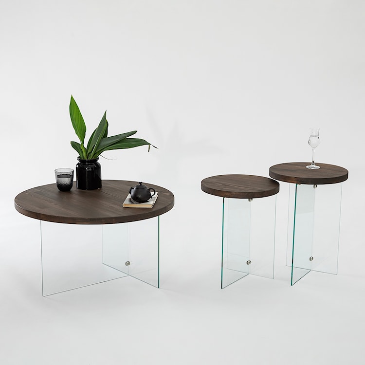 Zestaw dwóch stolików kawowych Divents z okrągłymi blatami 35 cm transparentne szkło/ orzech włoski  - zdjęcie 6