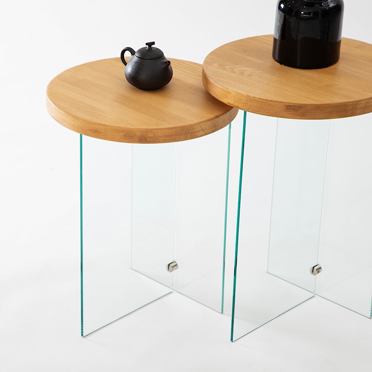 Zestaw dwóch stolików kawowych Divents z okrągłymi blatami 35 cm transparentne szkło/ dąb  - zdjęcie 3