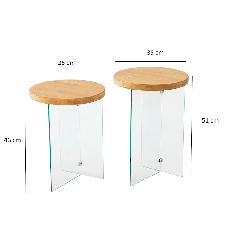 Zestaw dwóch stolików kawowych Divents z okrągłymi blatami 35 cm transparentne szkło/ dąb  - zdjęcie 4