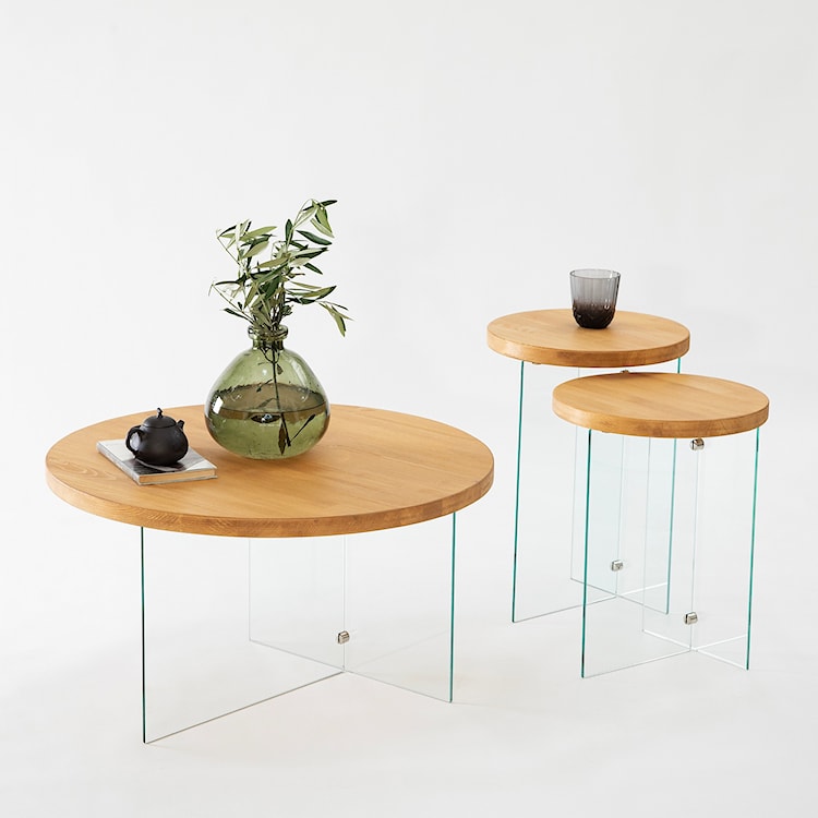 Zestaw dwóch stolików kawowych Divents z okrągłymi blatami 35 cm transparentne szkło/ dąb  - zdjęcie 5