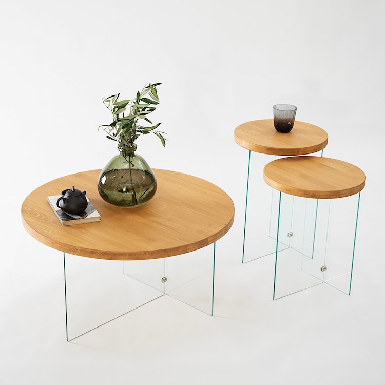 Zestaw dwóch stolików kawowych Divents z okrągłymi blatami 35 cm transparentne szkło/ dąb  - zdjęcie 6