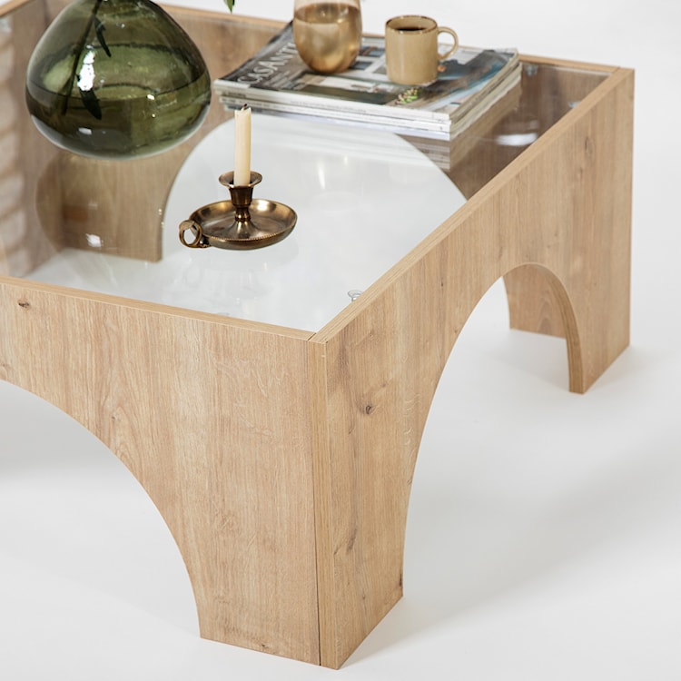 Stolik kawowy drewniany Spanally 80x80 cm transparentne szkło/ dąb  - zdjęcie 5