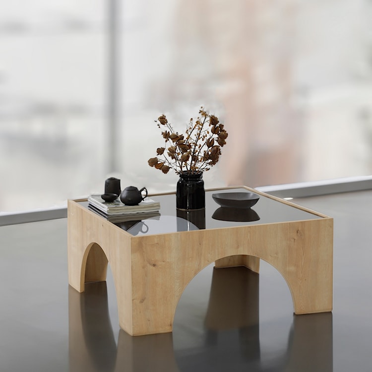 Stolik kawowy drewniany Spanally 80x80 cm dymione szkło/ dąb  - zdjęcie 2