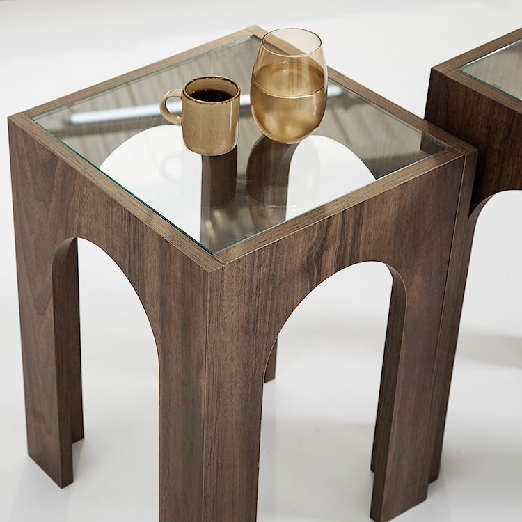 Zestaw dwóch stolików kawowych Spanally 35 cm transparentne szkło/ orzech  - zdjęcie 5
