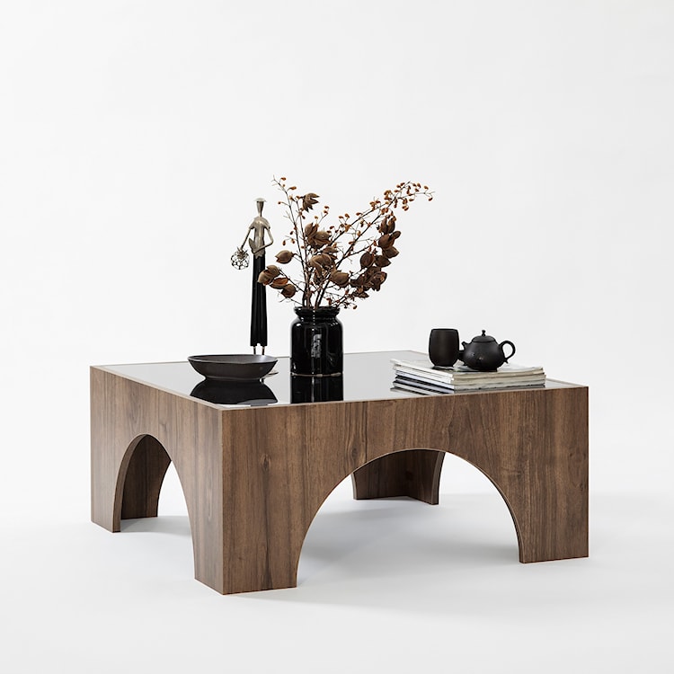 Stolik kawowy drewniany Spanally 80x80 cm dymione szkło/ orzech  - zdjęcie 2