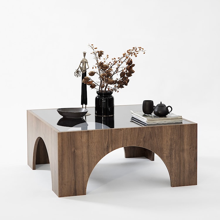 Stolik kawowy drewniany Spanally 80x80 cm dymione szkło/ orzech  - zdjęcie 3