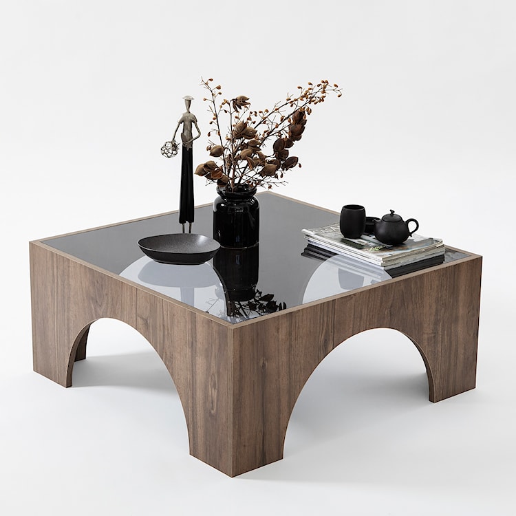 Stolik kawowy drewniany Spanally 80x80 cm dymione szkło/ orzech  - zdjęcie 4