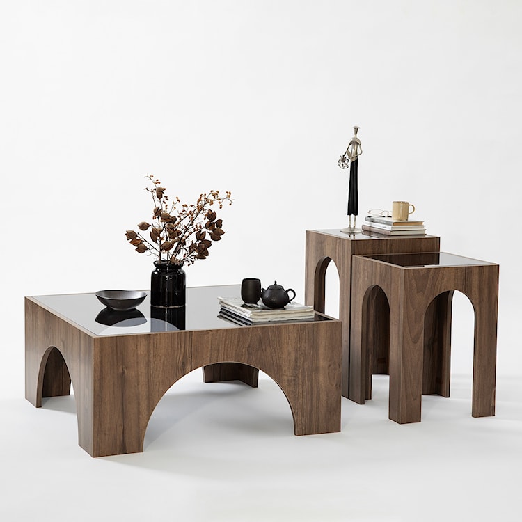 Stolik kawowy drewniany Spanally 80x80 cm dymione szkło/ orzech  - zdjęcie 7