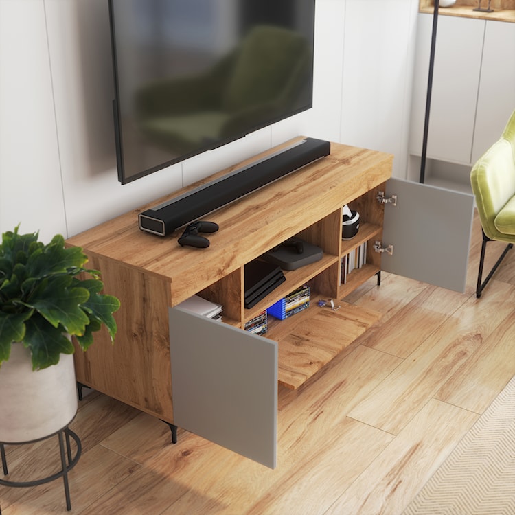 Szafka RTV Gusto 137 cm Dąb lancaster / szary mat z oświetleniem  - zdjęcie 8