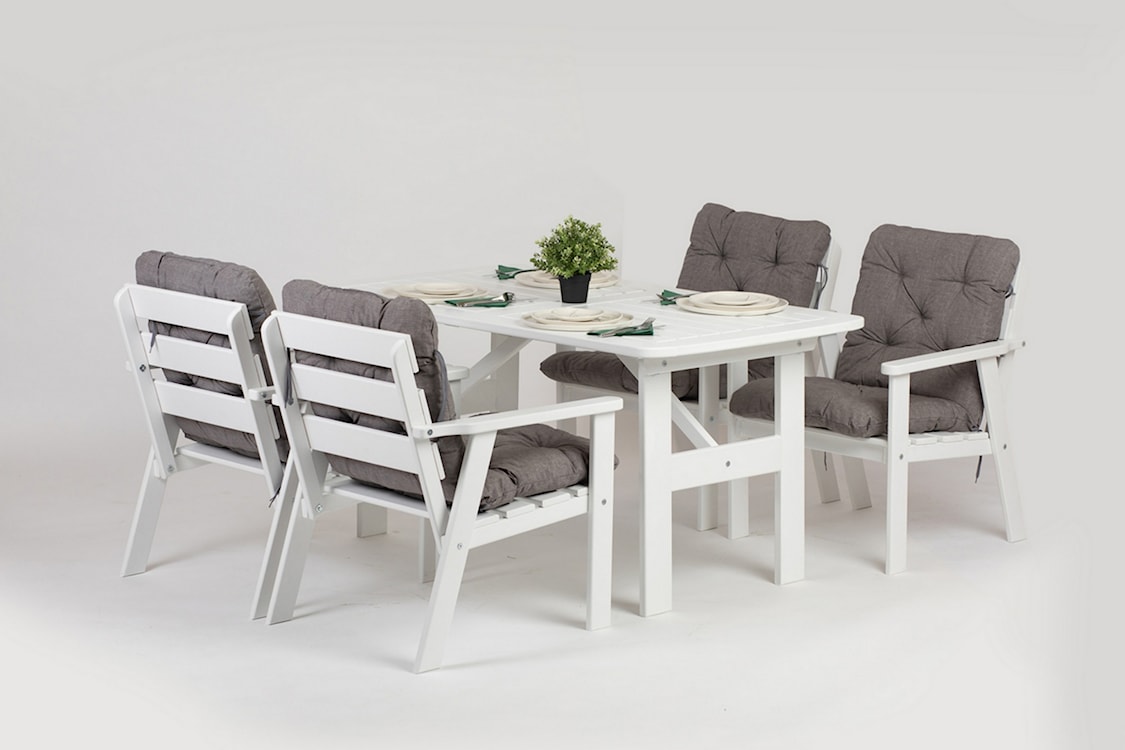 Zestaw mebli ogrodowych Avoints drewno sosnowe stół z 4 krzesłami biały z szarymi poduszkami  - zdjęcie 3
