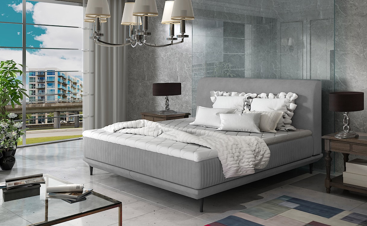 Łóżko tapicerowane Odelle 180x200 cm z materacem bonellowym i topperem szare  - zdjęcie 2