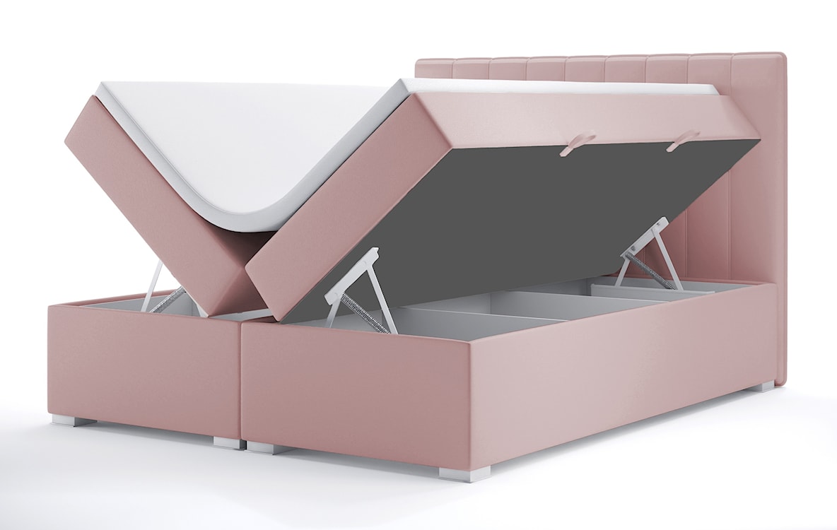 Łóżko kontynentalne 160x200 cm Hunbert z pojemnikami i topperem różowe welur hydrofobowy 