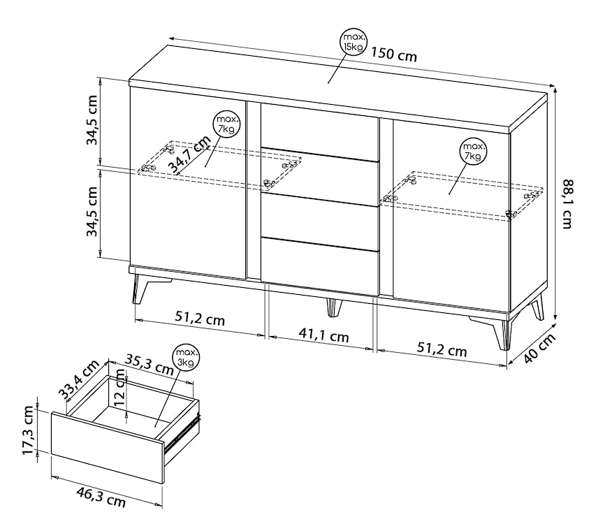 Komoda dwudrzwiowa Wenida 150 cm z szufladami dąb riva / biały połysk  - zdjęcie 6