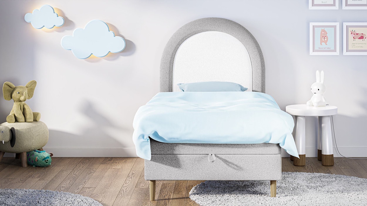 Łóżko kontynentalne dla dziecka 90x180 cm Asparetto z pojemnikiem jasnoszare w tkaninie boucle  - zdjęcie 4